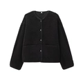 Giacca in pile teddy nera da donna con bottoni in metallo e classico scollo rotondo - XS / Nero