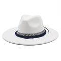 White wide brim fedora hat with ethnic blue fringe trim and sequin detailing for women - M (56-58cm) / White