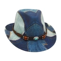 Donkerblauwe denim kinderhoed met etnische turquoise gesp en bruine leren band - Kindermaat (Deuk in kroon) / Koningsblauw (Denim Houten Kralen Blauwe Steen)