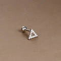 Detailed view of silver triangle helix stud earring with cubic zirconia pavé and ball screw back - Silver White Zirconia (Triangle Shape)