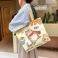 Beige canvas tote bag with cartoon cat print and bright yellow shoulder straps - Joyful Cat