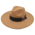 Classic camel wool felt fedora hat with wide brim and black leather belt buckle - Camel Heart (Black Wide Leather)