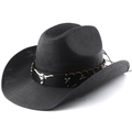 Classic black woven cowboy straw hat with silver bull head ornament and wide curved brim - M(56-58cm) / All Black