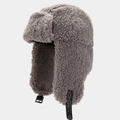 Detail of gray winter trapper hat with thick faux shearling lining and adjustable chin strap - One Size / Dark Gray