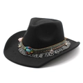 Chapeau de cowboy en feutre noir avec bandeau perlé bohème et pierre turquoise - M(56-58cm) / Noir