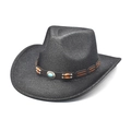 Klassieke zwarte cowboyhoed van vilt met bruine leren band en turquoise versiering - M (56-58cm) / Zwart