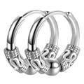 Detail view of silver stainless steel hoop earrings with vintage dragon scale texture - Dragon Pattern with Bead(MS-097) / 12mm / Steel