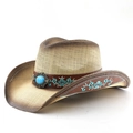 Western straw cowboy hat with turquoise embroidery and brown leather trim on beige mesh - M (56-58cm) / Beige Gradient
