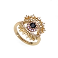 Verstellbarer goldener Dämonenauge-Ring mit lila und weißen Zirkonia-Steinen auf weiß - Radialer Wimpernstil (CR009YH)