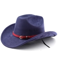 Nahaufnahme von dunkelblauem Wildleder-Fedora mit rotem Lederband und Gold-Schnalle - M (56-58cm) / Marineblau