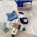 Flat lay of blue knitted reindeer hat, mittens, and white plush scarf winter set - Hat Scarf And Gloves Set - Blue (No Gift Box)