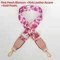 Pink floral fabric bag strap with premium leather ends and gold rotating metal hooks - Pink Peach Blossoms + Pink Leather / Silver Hook