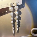 Elegant long tassel pearl earrings with sparkling crystal accents in a gold finish - Multi-layer Gradient Pearl Tassel (E1957-1) / White