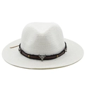 White straw fedora hat with brown leather band and silver bull skull metal emblem - M (56-58cm) / Pure White