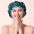 Waterproof double-layer satin shower cap with flamingo print and pink ruffle edge - Flamingo