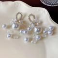 Elegant gold earrings with white pearls and sparkling cubic zirconia dangling tassels - Gold-White (Style 19)