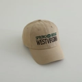 Close-up of vintage WESTVIRGINIA and SPRING 1986 embroidery on beige cotton baseball cap - 54cm (3-8 Years) / Khaki