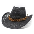 Schwarzer Cowboy-Strohhut mit braunem Flechtband für Damen, ideal für den Sommerstrand - M(56-58cm) / Schwarz