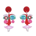 Macro detail of abstract acrylic face earrings with colorful artistic patterns - Stud No. 1