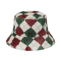 Winter faux rabbit fur bucket hat featuring a colorful red and green argyle diamond pattern - Red Green White Argyle