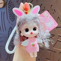 Cute doll keychain with gray hair, rabbit ears, and strawberry dress bag charm - Pink