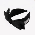 Elegant black fabric headband with a large bow design and delicate white lace detailing - Black
