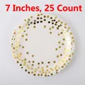 Set of 25 white disposable 7-inch paper plates with elegant gold foil polka dots - Small Paper Plates