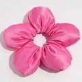 Macro shot of large pink satin flower scrunchie with 3D petals and smooth glossy texture - Rose Red (Approx. 18cm)