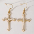 Cross-shaped gold earrings with white crystals and central stone on hook dangles - KC Gold Full Diamond Hook Cross
