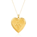 Detail of gold heart pendant featuring embossed cross and Greek Key border patterns - Stainless Steel / Greek Key Cross Heart / Gold