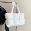 Quilted white down tote bag with puffer square stitching and soft shoulder strap - White