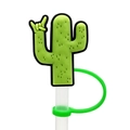 Cute green cactus silicone straw cover topper with rock hand gesture design - Rock Cactus-1704-51