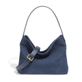 Deep blue woven tote bag with adjustable shoulder strap and luxury gold hardware - Dark Blue (Extended Handle)