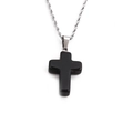 Polished black obsidian cross pendant with a silver twisted rope chain for men and women - Black Obsidian