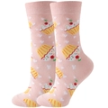 Pink crew socks featuring cupcake and heart patterns displayed on a white background - Pink Cupcake
