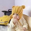 Yellow knit baby earflap hat with cute 3D bear ears and chin straps for autumn and winter - Ginger Panda - Fleece Lined