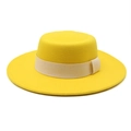 Detail of a yellow wool boater hat with a flat top and a beige matte decorative ribbon - M (56-58cm) / Yellow with Beige Ribbon