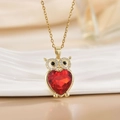 Gold owl necklace featuring a vibrant red heart crystal and sparkling zircon eyes - Gold Owl/Heart Bright Red Crystal