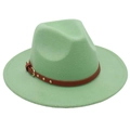 Detail of wool felt fedora hat featuring a brown leather belt with gold metal buckle - One Size (57cm) / Mint Green