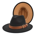 Detail view of two-tone wool fedora hat featuring black exterior and brown interior lining - M(56-58cm) / Black and Camel