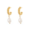 Golden twisted C-shaped earrings with elegant white teardrop pearl pendants - Twisted Gold Hoop Pearl Charm Earrings (E1718-GO)