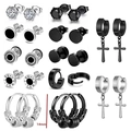 Detail of stainless steel earring set featuring zircon studs and cross charms in 14mm size - Black Silver Vintage Rune Combination (36002)