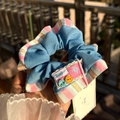 Blue and striped scrunchie with colorful buttons and vintage patchwork design - Multi-Color Stripe Blue Scrunchie with Buttons and Star Label