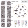Set nail art da 12 scomparti con lustrini argentati a forma di stelle, lune e cuori - Borchie in Metallo Argento Forme Miste (12G-237)