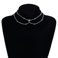 Silver double layer choker with sparkling diamond pendant and beaded chain for women - ZW2710 Necklace Silver
