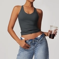 Dark grey cross back yoga vest top in tight fit stretch fabric with a ribbed texture - Deep Blue Grey