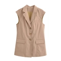 Women's beige sleeveless blazer vest with notched lapels and three-button front closure - S / Khaki