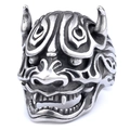 Punk gotische Hannya masker ring in vintage zilver met gedetailleerde schedel gravure - US 7 / Retro Zwart Zilver (14406)