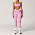 Roze yoga set met hoge taille, cross-leggings en witte piping details - S / Boven- En Onderstuk / Roze (Leggings Stijl)