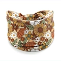 Elastic bohemian headband with vintage sunflower and daisy floral print on brown fabric - Style 86